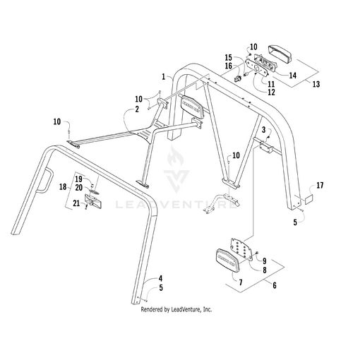 Line drawing of a roll bar assembly with labeled parts and hardware, featuring OEM Arctic Cat components such as brackets, bolts, plates, the Spacer by Arctic Cat, and Arctic Cat 0423-897 lights in an exploded view for easy identification.