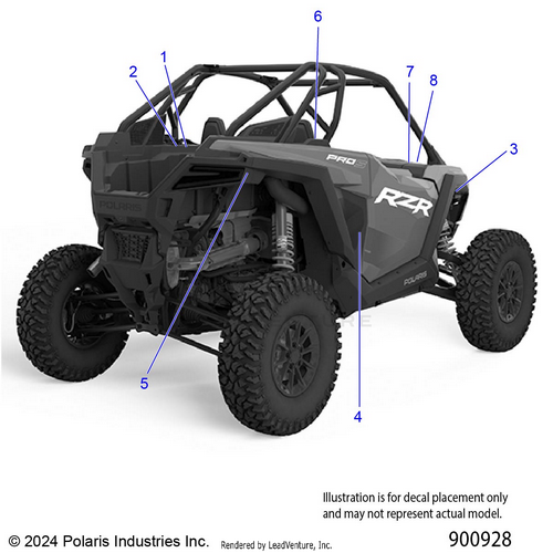 An Image of a Genuine Polaris Parts Schematic Diagram showing the schematic - BODY: DECALS STANDARD - 2025 POLARIS RZR PRO S PREMIUM