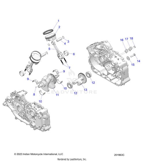 Exploded diagram of a motorcycle engine crankcase assembly with numbered components—crankshaft, connecting rods, Bearing Main 56X60X23 Lower Grd2 (by Polaris), and housing—shown separately for easy identification and OEM parts reference.