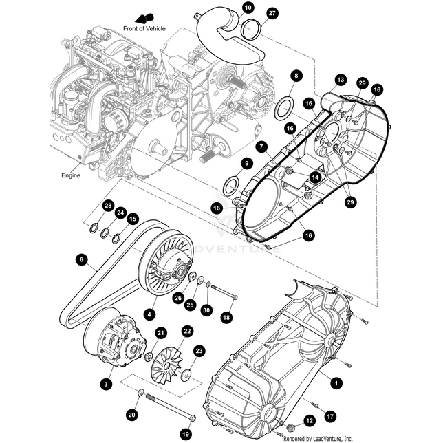Exploded diagram of a vehicle engine and drive system featuring OEM Arctic Cat parts, including the Clutch Fan by Arctic Cat (Part #668733), with labeled components like engine, drive belt, pulleys, and outer casing for assembly reference.