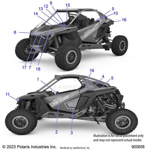 An Image of a Genuine Polaris Parts Schematic Diagram showing the schematic - BODY: DECALS GRAPHICS - 2023 POLARIS RZR PRO R ULTIMATE TROY LEE DESIGNS