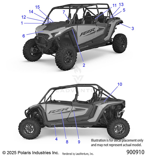 An Image of a Genuine Polaris Parts Schematic Diagram showing the schematic - BODY: DECALS - 2025 POLARIS RZR XP 4 1000 SPORT