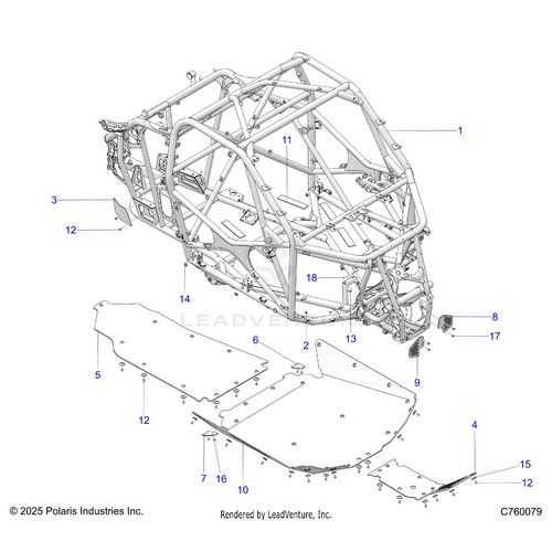 An Image of a Genuine Polaris Parts Schematic Diagram showing the schematic - CHASSIS: MAIN FRAME AND SKID PLATES - 2026 POLARIS RZR PRO R RACE