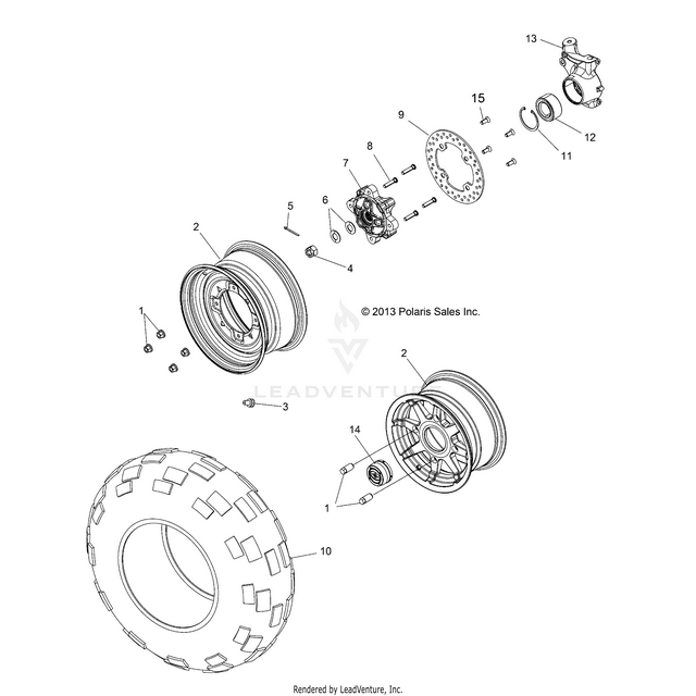 An Image of a Genuine Polaris Parts Schematic Diagram showing the schematic - WHEELS: FRONT - 2016 POLARIS RZR 570