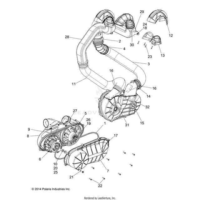 An Image of a Genuine Polaris Parts Schematic Diagram showing the schematic - DRIVE TRAIN: CLUTCH COVER AND DUCTING - 2015 POLARIS RZR XP 1000