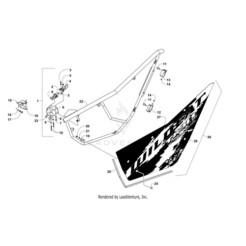 Exploded diagram of Door Panel W/Decals-Tt-Left(Trail Se 2016) (Inc. 27-28) by Arctic Cat, showing separated and numbered brackets, bolts, and the main panel with decals for easy identification.