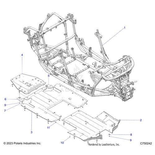 An Image of a Genuine Polaris Parts Schematic Diagram showing the schematic - CHASSIS: MAIN FRAME AND SKID PLATES - 2025 POLARIS RZR PRO S 4 SPORT