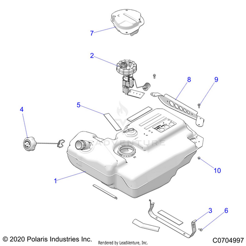 An Image of a Genuine Polaris Parts Schematic Diagram showing the schematic - BODY: FUEL TANK - 2021 POLARIS RZR XP 1000 TRAILS & ROCKS