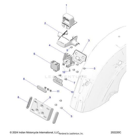 Exploded diagram of the Module/Cal Mrr4 Rear by Polaris, displaying numbered parts like brackets, reflectors, screws, and connectors with Indian Motorcycle OEM and Polaris OEM Parts numbers for easy reference.