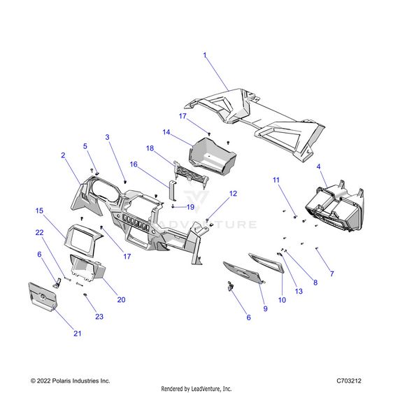 An Image of a Genuine Polaris Parts Schematic Diagram showing the schematic - BODY: DASH AND GLOVEBOX RC - 2024 POLARIS RZR TRAIL S 1000 ULTIMATE