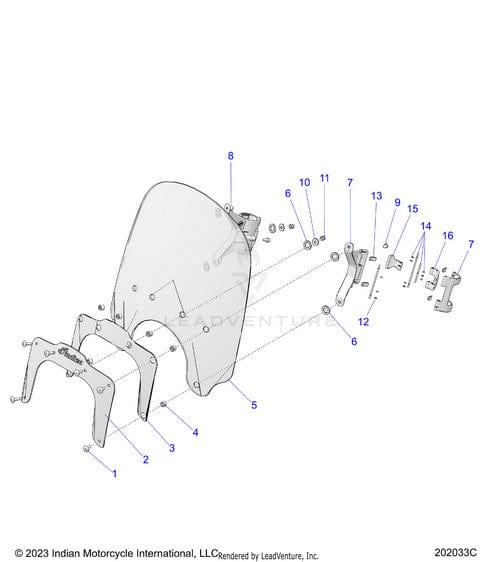 Exploded diagram showing components and hardware—including Polaris Bracket Outer Cross Low Black and OEM Indian Motorcycle parts—for assembling a motorcycle windshield, with all parts clearly numbered for reference.