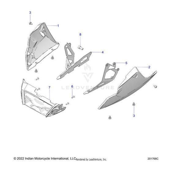 Exploded diagram showing labeled parts of a motorcycle side panel assembly, including panels, brackets, and screws—such as the Cover Chin Fairing LH Oblk/Gfx by Polaris—with each part numbered for identification.