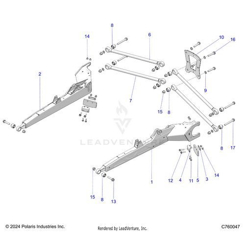 An Image of a Genuine Polaris Parts Schematic Diagram showing the schematic - SUSPENSION: REAR TRAILING ARMS AND MOUNTING - 2025 POLARIS RZR PRO XP SPORT