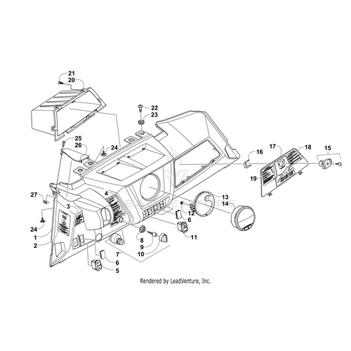 Exploded diagram of a vehicle dashboard panel with labeled parts—perfect for identifying your OEM Arctic Cat Gauge A/D-Iso-5 (017 Wc X) or referencing it on Witchdoctors.com.