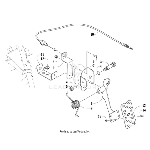 Exploded diagram of the Pedal Accelerator by Arctic Cat, with numbered labels for each part—pedals, brackets, springs, sensors, cable, and mounting hardware—for easy reference to OEM parts like 1502-321.