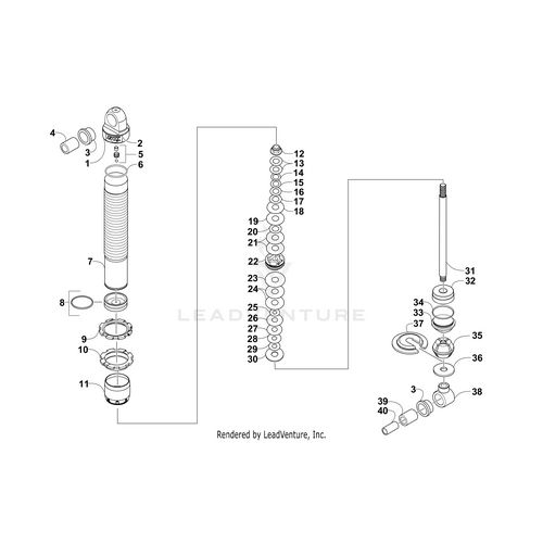 Exploded diagram of a mechanical shock absorber showing all components—springs, washers, seals, nuts, main shaft, and the Valve .625 X .02 by Arctic Cat—each numbered and separated for clarity. OEM parts from Witchdoctors.com.