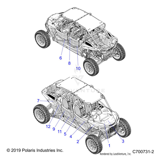 An Image of a Genuine Polaris Parts Schematic Diagram showing the schematic - BODY: DECALS GRAPHICS - 2020 POLARIS RZR TURBO S 4 VELOCITY