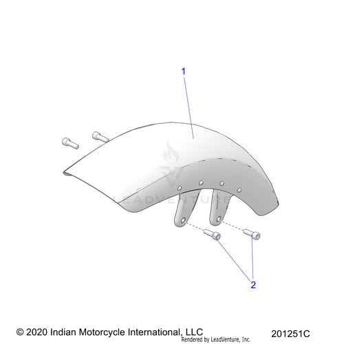 Illustration of a Fender Front Narabrzsmk [Nara Bronze Smoke] by Polaris (labeled 1) with separate mounting bolts (labeled 2) for assembly. Copyright and company info are shown at the bottom.