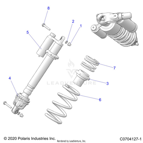 An Image of a Genuine Polaris Parts Schematic Diagram showing the schematic - SUSPENSION: FRONT SHOCK MOUNTING - 2023 POLARIS RZR XP 4 1000 PREMIUM RIDE COMMAND