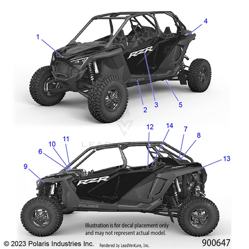 An Image of a Genuine Polaris Parts Schematic Diagram showing the schematic - BODY: DECALS - 2023 POLARIS RZR TURBO R 4 SPORT