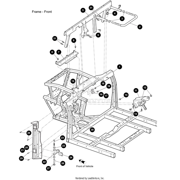 Exploded diagram of a Frame Crew Black-Assembly by Arctic Cat front section with numbered parts, including OEM components, structural parts, brackets, and mounting points. An arrow at the bottom center indicates the vehicles front.
