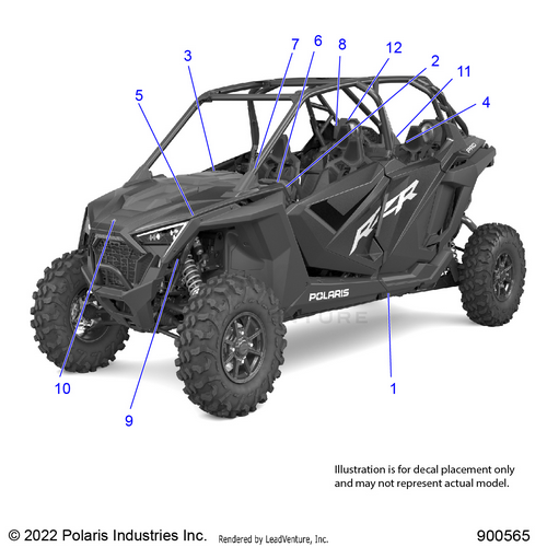 An Image of a Genuine Polaris Parts Schematic Diagram showing the schematic - BODY: DECALS STANDARD - 2023 POLARIS RZR PRO XP 4 PREMIUM