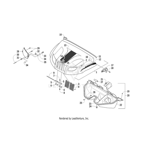 Exploded diagram of a Prowler XTX hood assembly, with parts like the hood, grille, hardware, and latch labeled by number. Shows OEM Arctic Cat Hood Decal - Prowler XTX - Right placement and details for easy reference.