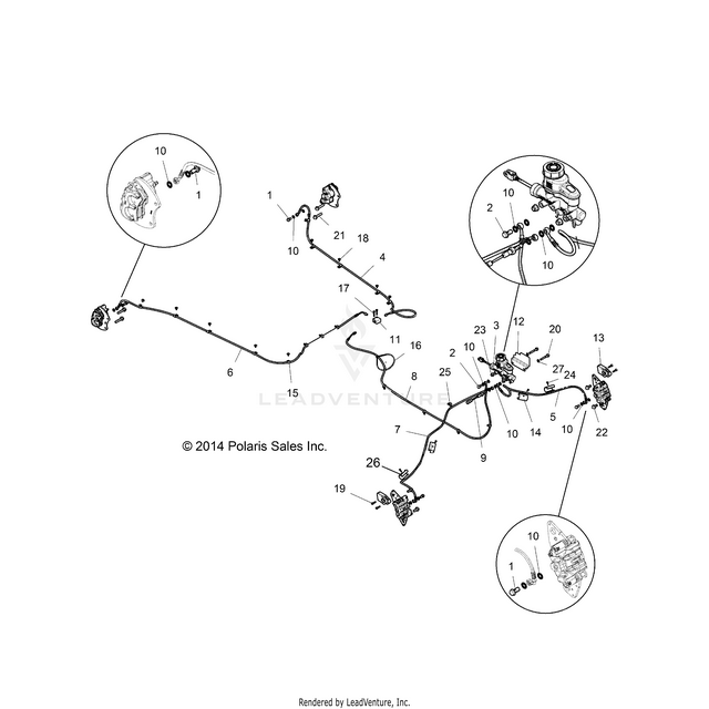 An Image of a Genuine Polaris Parts Schematic Diagram showing the schematic - BRAKES: BRAKE LINES AND MASTER CYLINDER - 2015 POLARIS RZR XP 1000