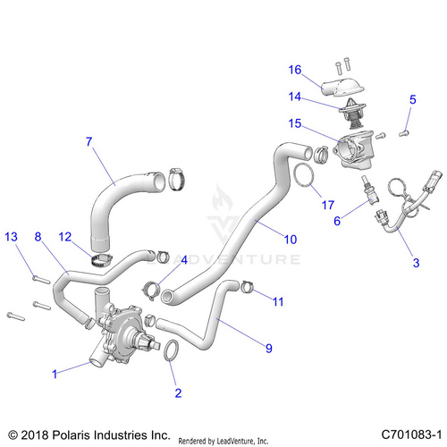 An Image of a Genuine Polaris Parts Schematic Diagram showing the schematic - ENGINE: WATERPUMP AND BYPASS - 2023 POLARIS RZR TRAIL S 1000 EPS