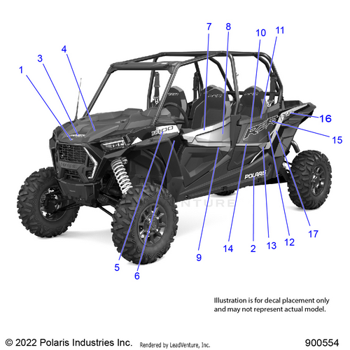 An Image of a Genuine Polaris Parts Schematic Diagram showing the schematic - BODY: DECALS - 2023 POLARIS RZR XP 4 1000 PREMIUM