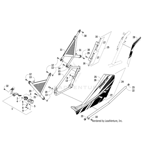 Exploded diagram of the Door Panel W/Decals-Vb-Rear-Right(Wc4 X) (Inc. 25-27) by Arctic Cat, showing and labeling each part—panels, screws, bolts, brackets—with genuine OEM components for easy identification.