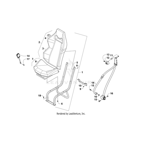 Line drawing of a vehicle seat assembly highlights numbered parts, showing seat cushions, frame, attachment hardware, and the Seat Belt - Assembly by Arctic Cat displayed separately for identification.