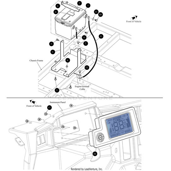 Technical diagram of battery and cable installation on a vehicle chassis with OEM Arctic Cat parts, labeled connections, and an inset detail of the Display Flashed Mpe 900 Eps-Mod by Arctic Cat featuring its digital screen and control buttons.
