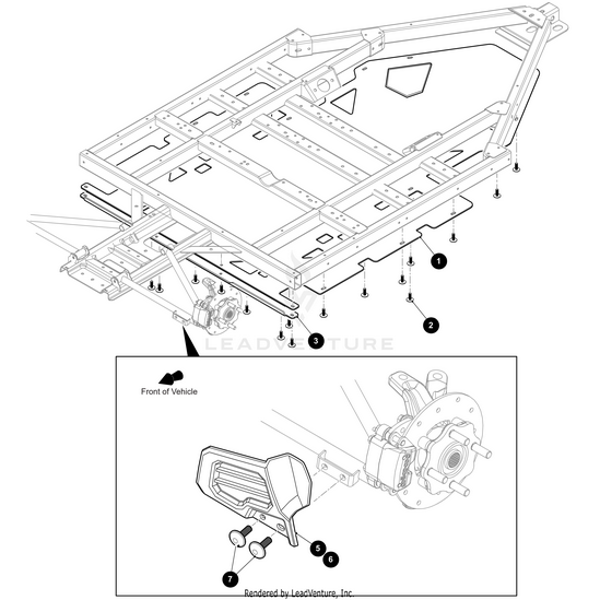 Line drawing of a vehicle chassis frame with detailed assembly steps marked by numbered bolts; inset shows a close-up of the Arctic Cat Wildcats Cv Guard Right component with two OEM Arctic Cat parts labeled.