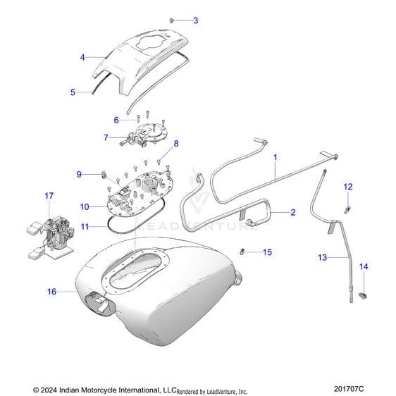 Exploded diagram of the Tank Fuel Spfdblugfx [Springfield Blue W/ Gfx] by Polaris, showing labeled and numbered OEM parts such as tank, fuel cap, fuel pump, hardware, hoses, and components for easy reference.