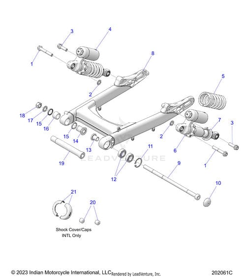 Exploded diagram of a motorcycle rear suspension assembly with numbered OEM parts, including the Seal Sd25X32X4 Black/Gray by Polaris, shocks, swingarm, bolts, washers, and springs. Components are labeled for easy identification.