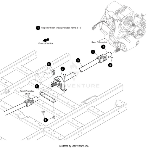 Technical diagram illustrating vehicle chassis with labeled parts of the rear propeller shaft assembly, featuring the Shaft Propellar Rear Long (Includes Item 2-6) by Arctic Cat, engine, rear differential, front propeller shaft, and related components.