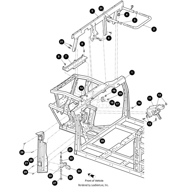 3D exploded diagram of a vehicles front frame and windshield assembly with numbered Arctic Cat OEM parts for Wildcat, Prowler, and Alterra—including pillars, frame sections, and Cap Screw - Hex-Ss 3 1/2 (Text).