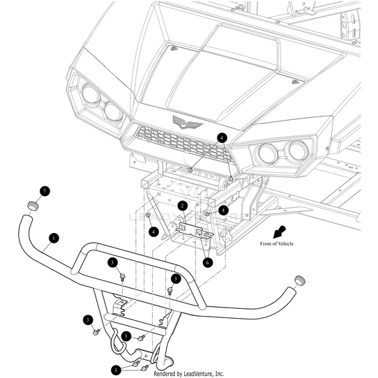 Line drawing of a vehicles front end with labeled parts for mounting the Bracket Brush Guard Adj Mtg by Arctic Cat; numbered bolts and brackets are shown, with an arrow indicating vehicle front for orientation using OEM Arctic Cat parts.