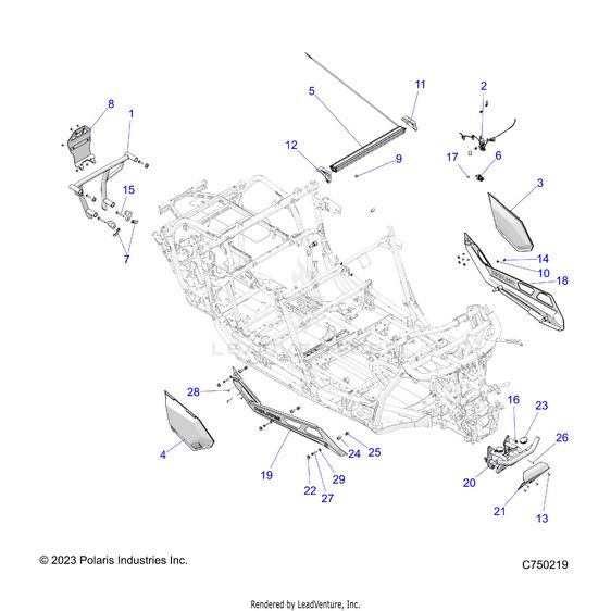 An Image of a Genuine Polaris Parts Schematic Diagram showing the schematic - ACCESSORY: BUMPERS AND ROCKERS - 2023 POLARIS RZR PRO R ULTIMATE TROY LEE DESIGNS