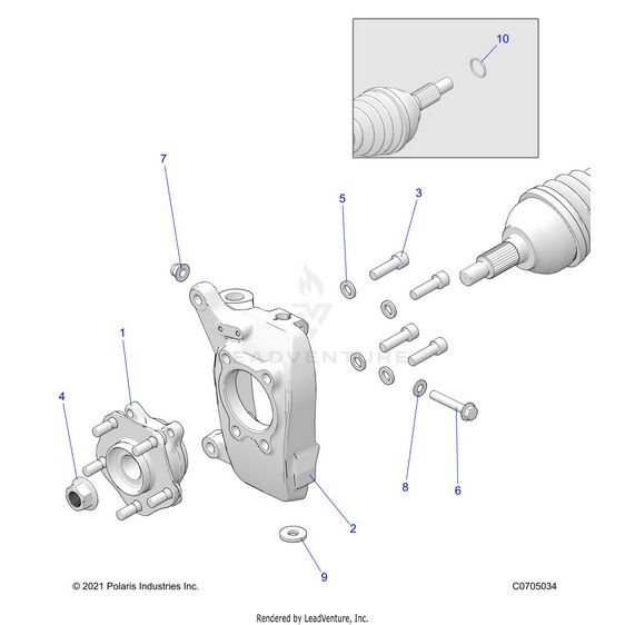 An Image of a Genuine Polaris Parts Schematic Diagram showing the schematic - SUSPENSION: FRONT CARRIER AND HUB - 2022 POLARIS RZR TURBO R 4 SPORT