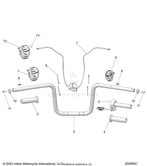 An exploded diagram of the Handlebar Mini Ape Black by Polaris, showing labeled Indian Motorcycle grips, switches, bolts, and throttle assembly OEM parts for assembly or repair reference.