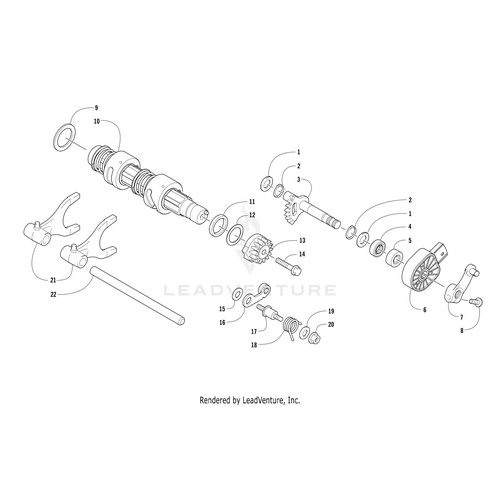 Exploded view diagram of a mechanical gear assembly displaying numbered components—gears, shafts, and fasteners. Includes the genuine Arctic Cat Shift Fork R/B 0818-171 and other Arctic Cat UTV parts from Witchdoctors.com.