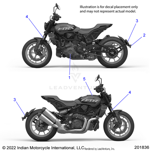Side view of a black motorcycle with arrows marking five Decal Superhooligan | [Includes 7 11] by Polaris placement areas: body, front and rear fender, exhaust, and below handlebars. Illustration only; decals at Witchdoctors.com.