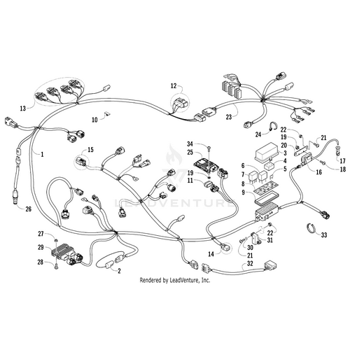 A detailed black-and-white wiring diagram displays labeled connectors, cables, and components branching out, representing a complex vehicle electrical system using OEM Arctic Cat parts like the ECM by Arctic Cat.
