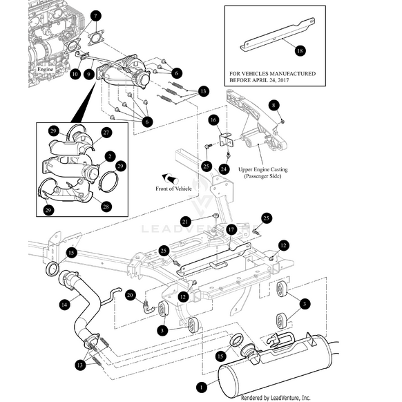 Exploded diagram of a vehicle’s engine and exhaust system with numbered OEM Arctic Cat Muffler Front Support Bracket, labeled assembly paths, detail boxes, build date text, and highlights on passenger side engine casing.