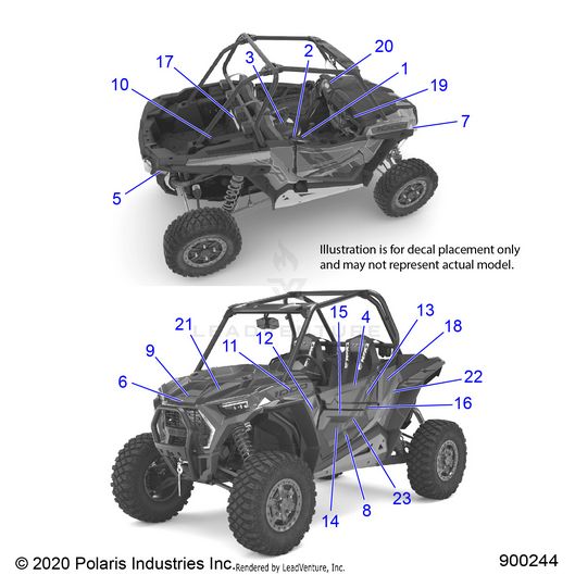 An Image of a Genuine Polaris Parts Schematic Diagram showing the schematic - BODY: DECALS - 2021 POLARIS RZR XP 1000 TRAILS & ROCKS