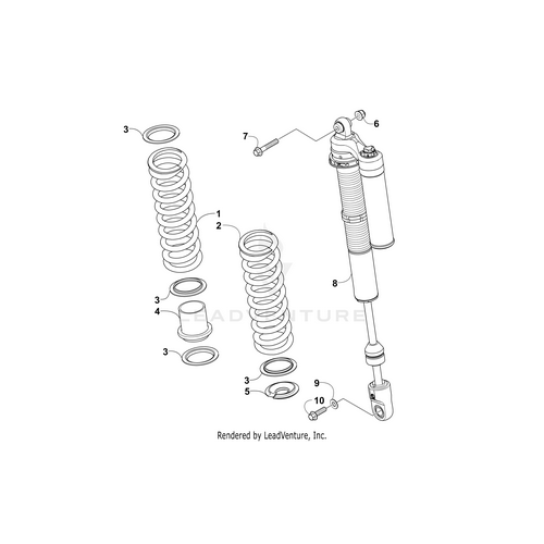 Technical diagram of the Arctic Cat Rear Shock Dealer Serviced Only by Arctic Cat assembly with numbered components like shock body, coil spring, bushings, and hardware. Find OEM parts at Witchdoctors.com.