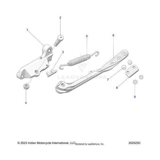 Exploded diagram of the Polaris Sidestand Mach Black [Includes 1 9], showing labeled OEM parts like lever, spring, bracket, bolts, and screws—each spaced apart and numbered for easy identification.
