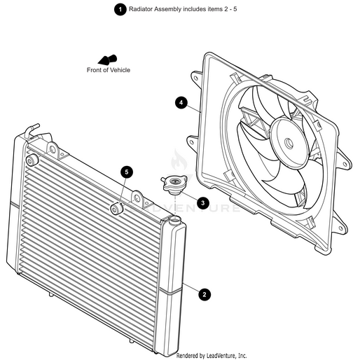 Exploded diagram of the Arctic Cat Radiator Includes Items 2-5 assembly, with numbered labels for each component and an arrow showing vehicle front. Perfect for sourcing OEM parts for your Arctic Cat Wildcat.